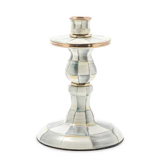 Sterling Check Enamel Candlestick with hand-painted grey and white checks and brass accents.