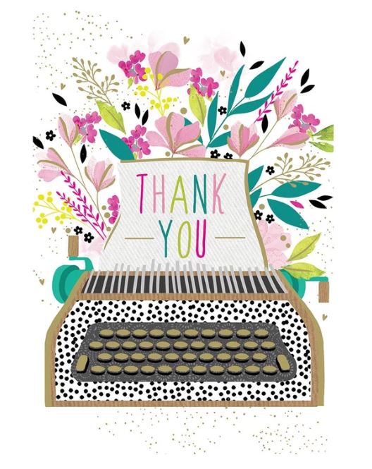 Sara Miller Thank You card featuring a stylized typewriter with colorful flowers blooming from it.