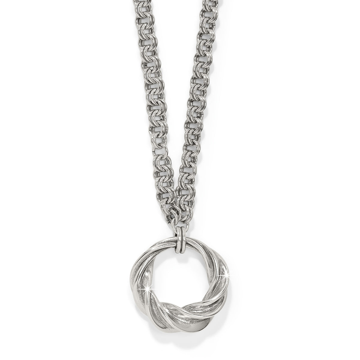 Antica Long Necklace featuring a silver-plated twisted ring pendant on a chunky link chain.
