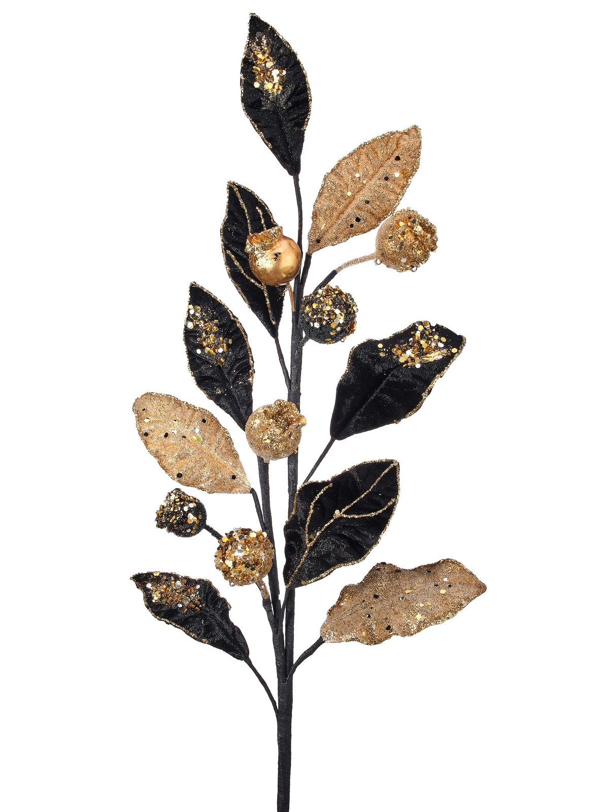 30-inch black and gold velvet salal spray with glittered jewel berry accents.