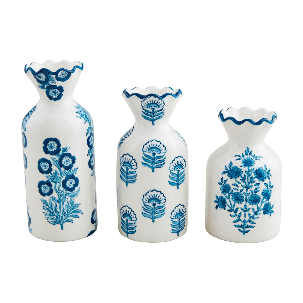 Hand-stamped stoneware bud vase with hand-painted wavy rim in block print pattern.