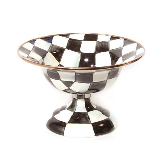 Courtly Check enamel compote with hand-painted accent checks on a steel body and bronzed stainless rim.