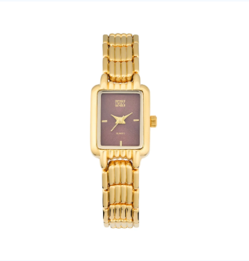 Ladies goldtone watch with a rectangular brown dial and a polished link bracelet.