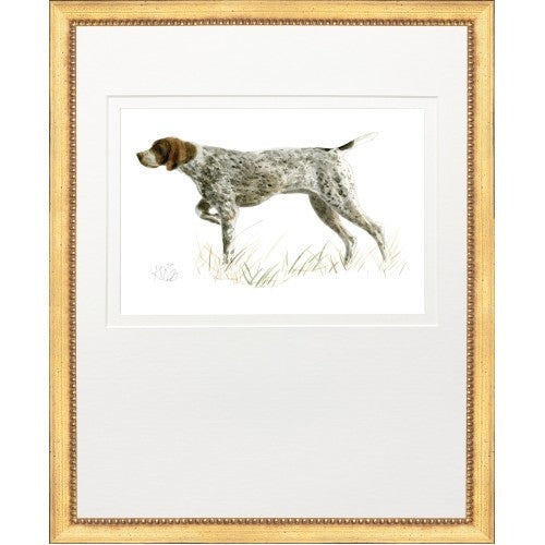 Framed watercolor painting of a pointing hunting dog in a gold frame with white matting.