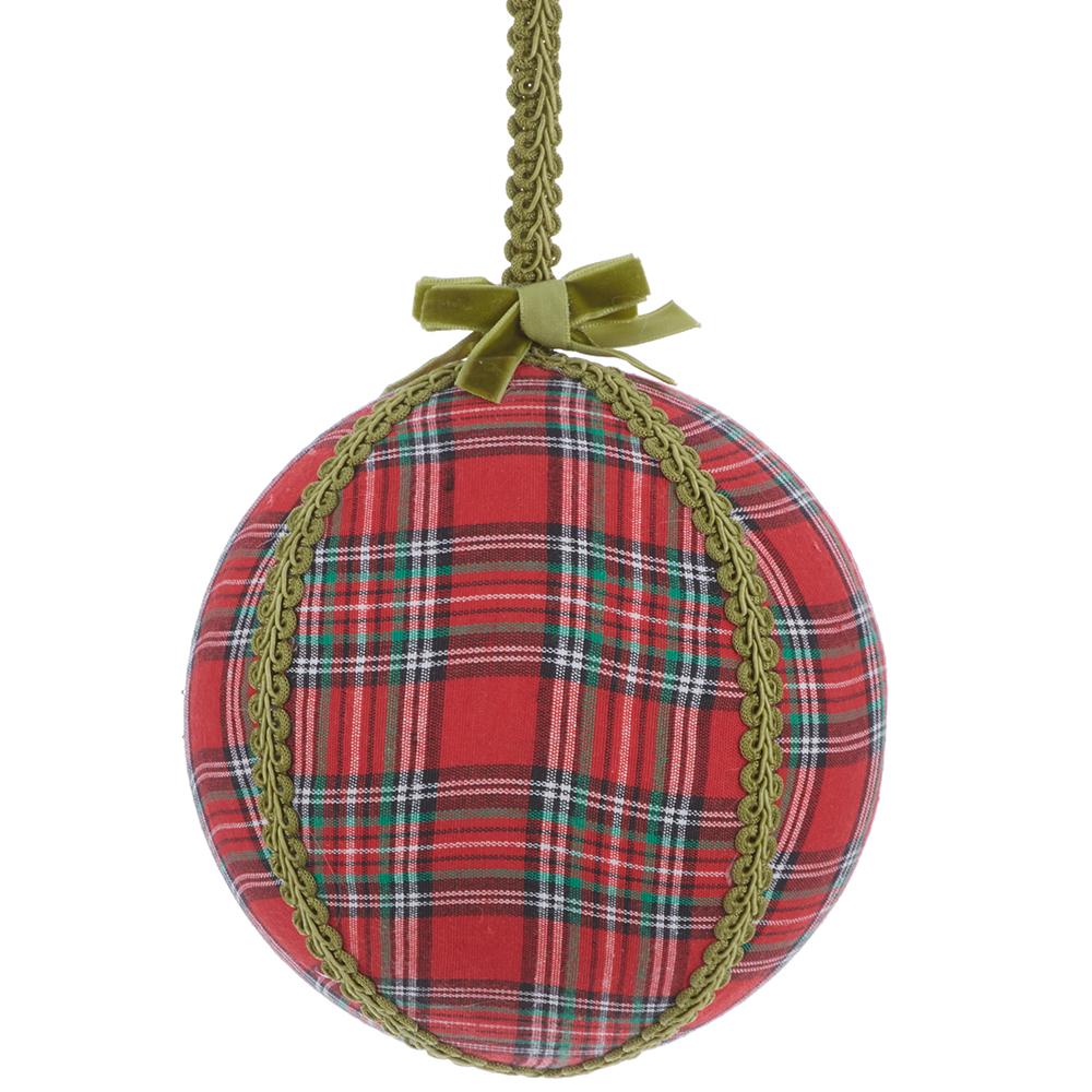 6-inch red plaid ball ornament with green braided trim and a velvet bow.