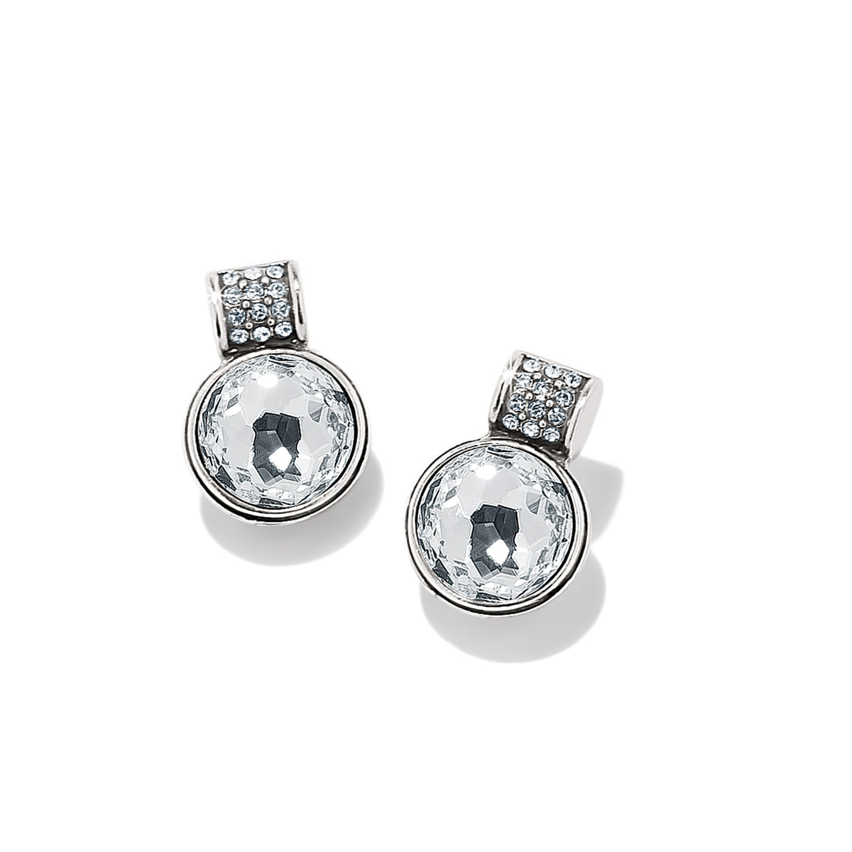Meridian Aurora Petite Post Earrings in silver with large round crystals and pavé accents.