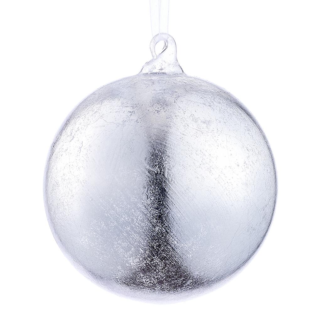 4.75-inch silver glass ball ornament with a textured, metallic finish and clear glass hanging loop.