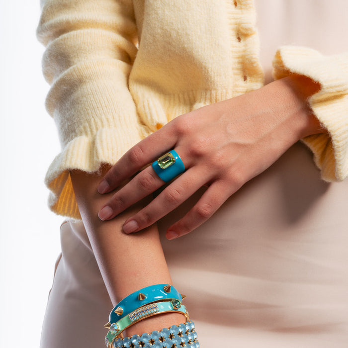 Antique gold brass bangle with colorful enamel hand painting and sparkling crystal accents.