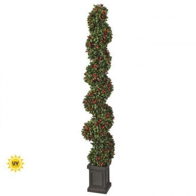 60-inch UV-resistant boxwood and berry spiral topiary in a black square planter.