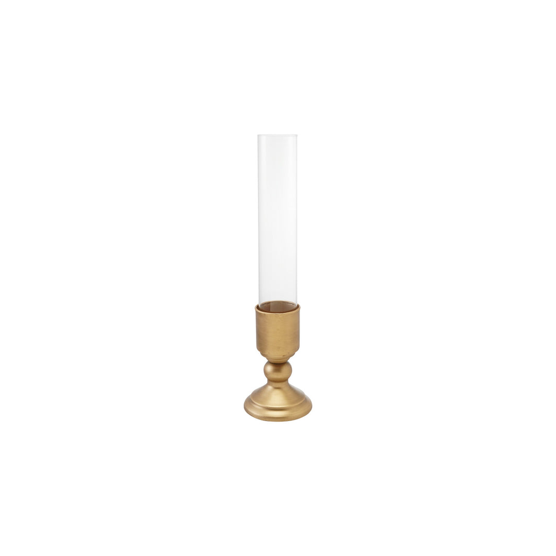 Gold finish metal taper candle holder with a clear glass hurricane sleeve.