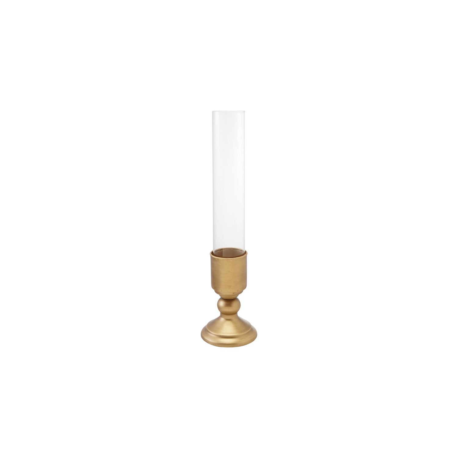 Gold finish metal taper candle holder with a clear glass hurricane sleeve.