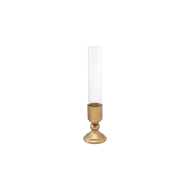 Gold finish metal taper candle holder with a clear glass hurricane sleeve.