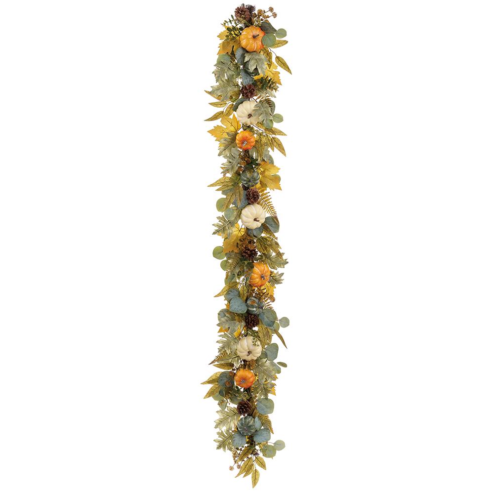 6' autumn garland with orange, beige, and green pumpkins, pine cones, and mixed fall foliage.