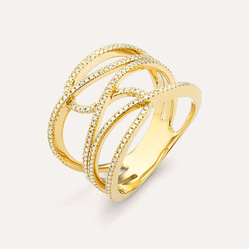 Silver statement ring with a wide band featuring brilliant diamonds representing interconnected relationships.
