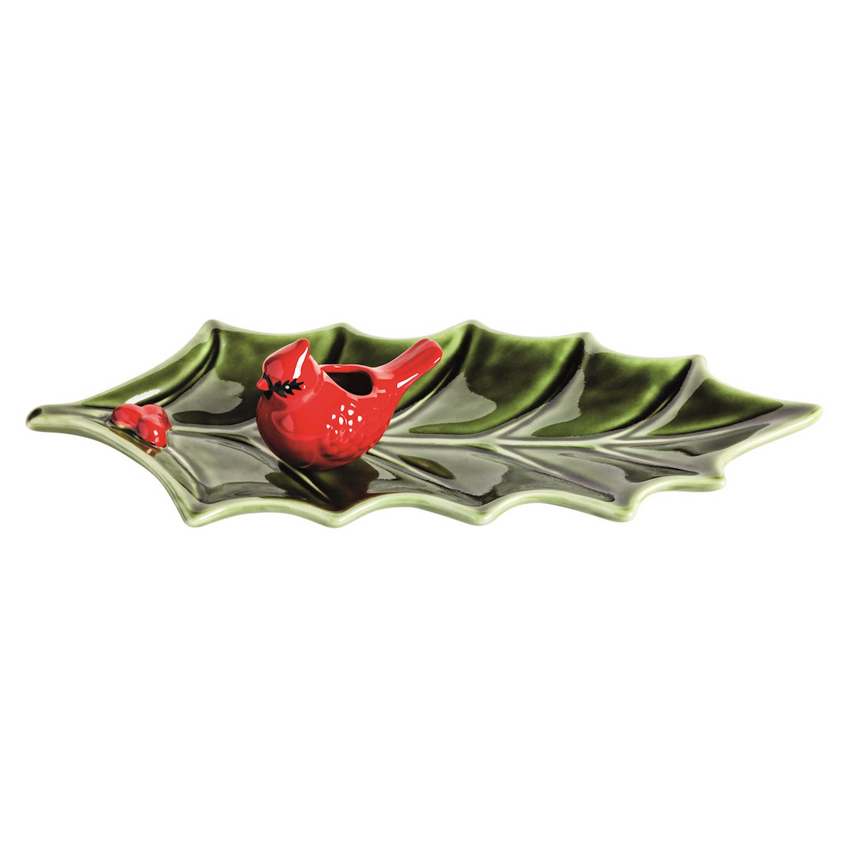 Hand-painted stoneware holly leaf tray with a red cardinal toothpick caddy.
