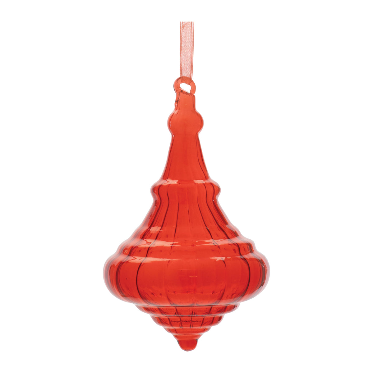 Red translucent glass finial ornament with a ribbed texture and hanging ribbon.