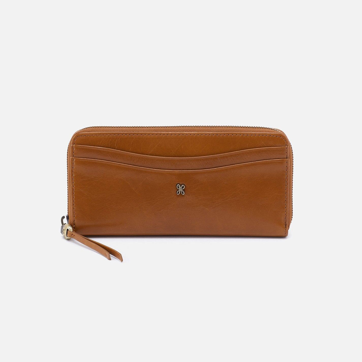 Max Large zip-around wallet in sandwood with antique brass hardware
