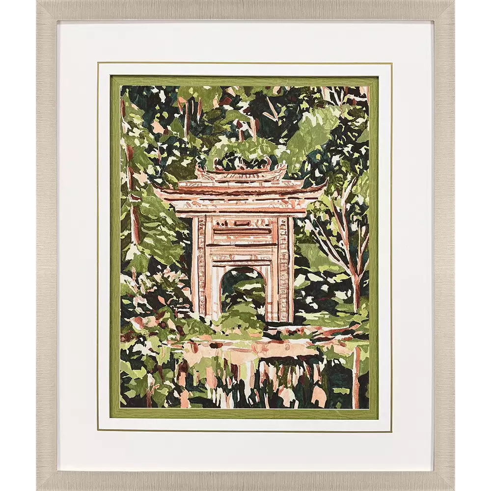 Veiled Sanctuary wall art with champagne finish frame, white raised matting, gold lines, and hand-applied decorative papers.