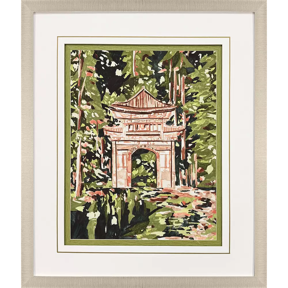 Framed wall art with champagne finish moulding featuring white matting, gold lines, and hand-applied decorative papers.