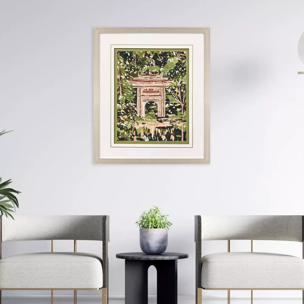 Framed wall art titled Veiled Sanctuary featuring champagne finish moulding with raised white matting and gold decorative lines.