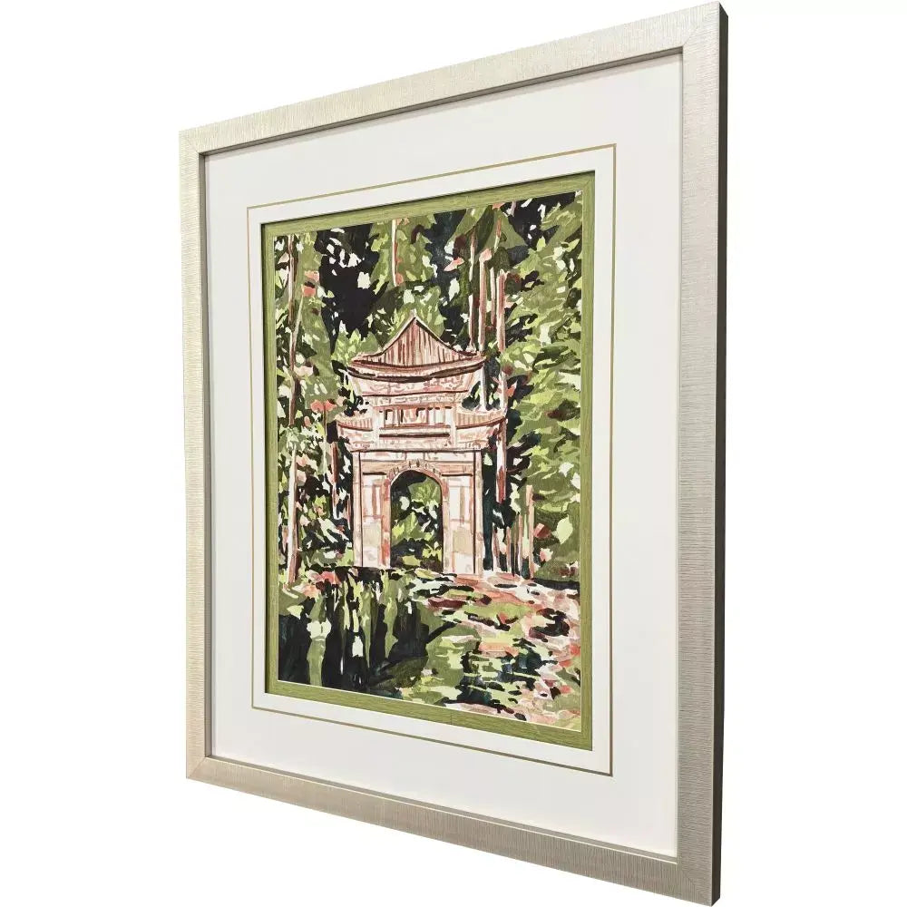 Framed wall art titled Veiled Sanctuary featuring champagne finish moulding with raised white matting and gold decorative lines.