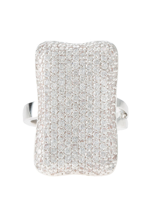 White gold finish rectangular ring with CZ stones on adjustable brass band