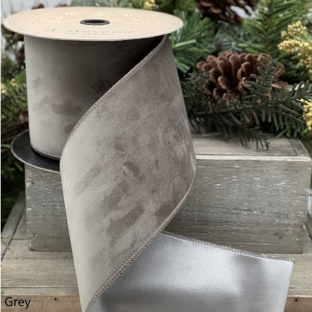 Grey velvet taffeta fabric roll measuring four inches wide by ten yards long.