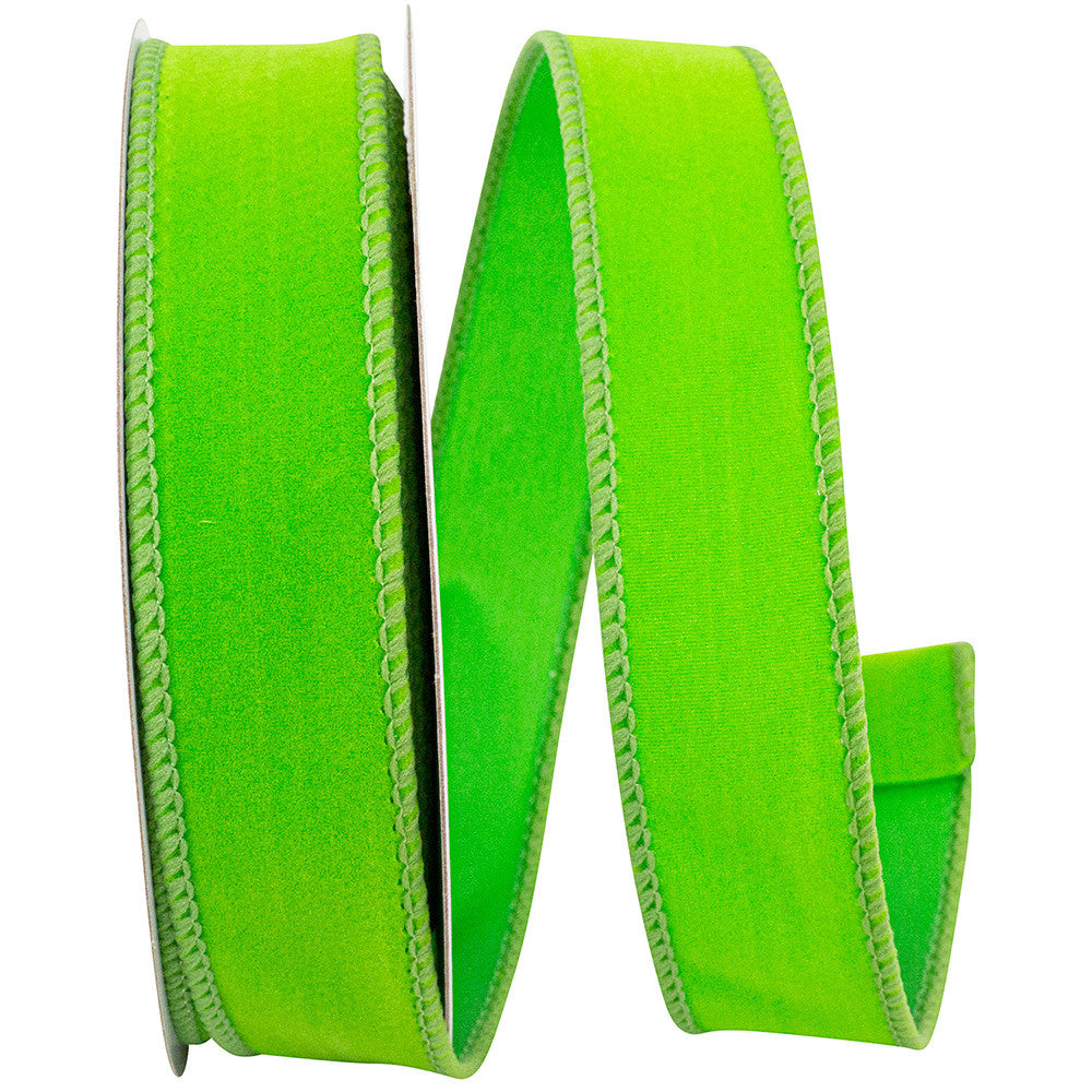 Lime green velvet fuzz wired edge ribbon with a soft textured surface.