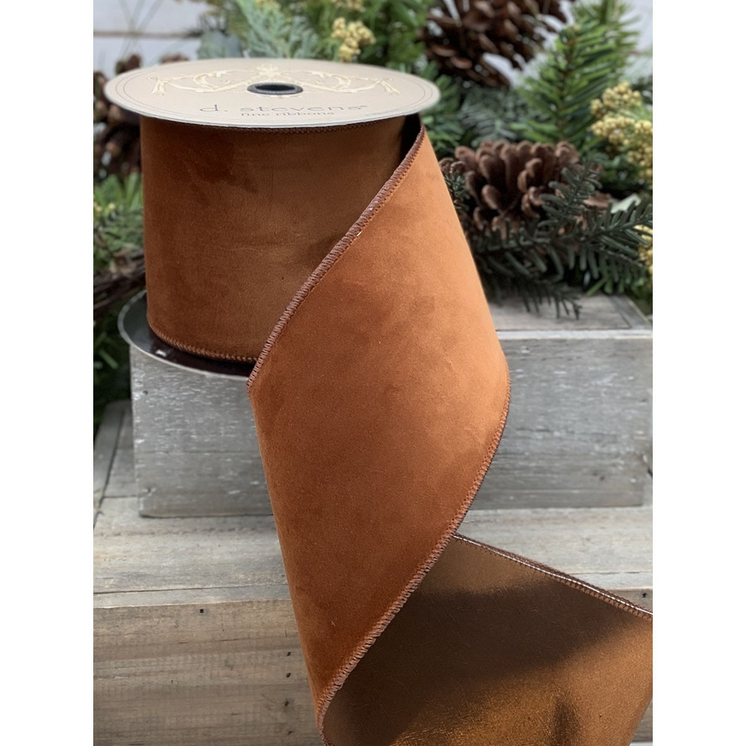 4-inch wide copper velvet taffeta ribbon with a smooth finish.