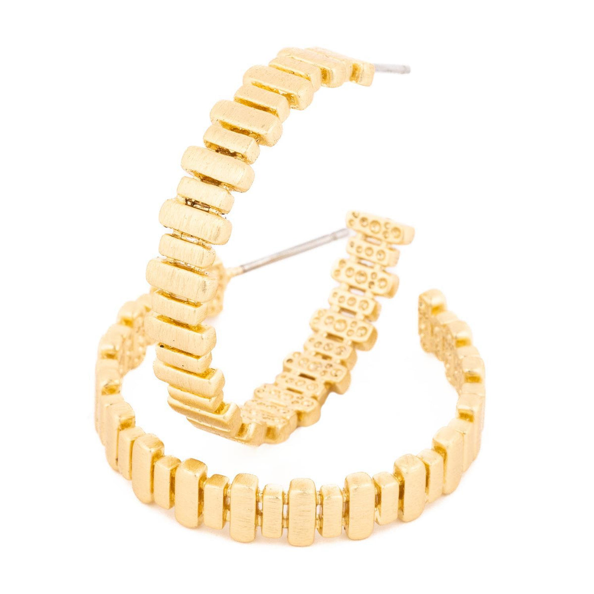 Gold hoop earrings with a segmented, textured design.