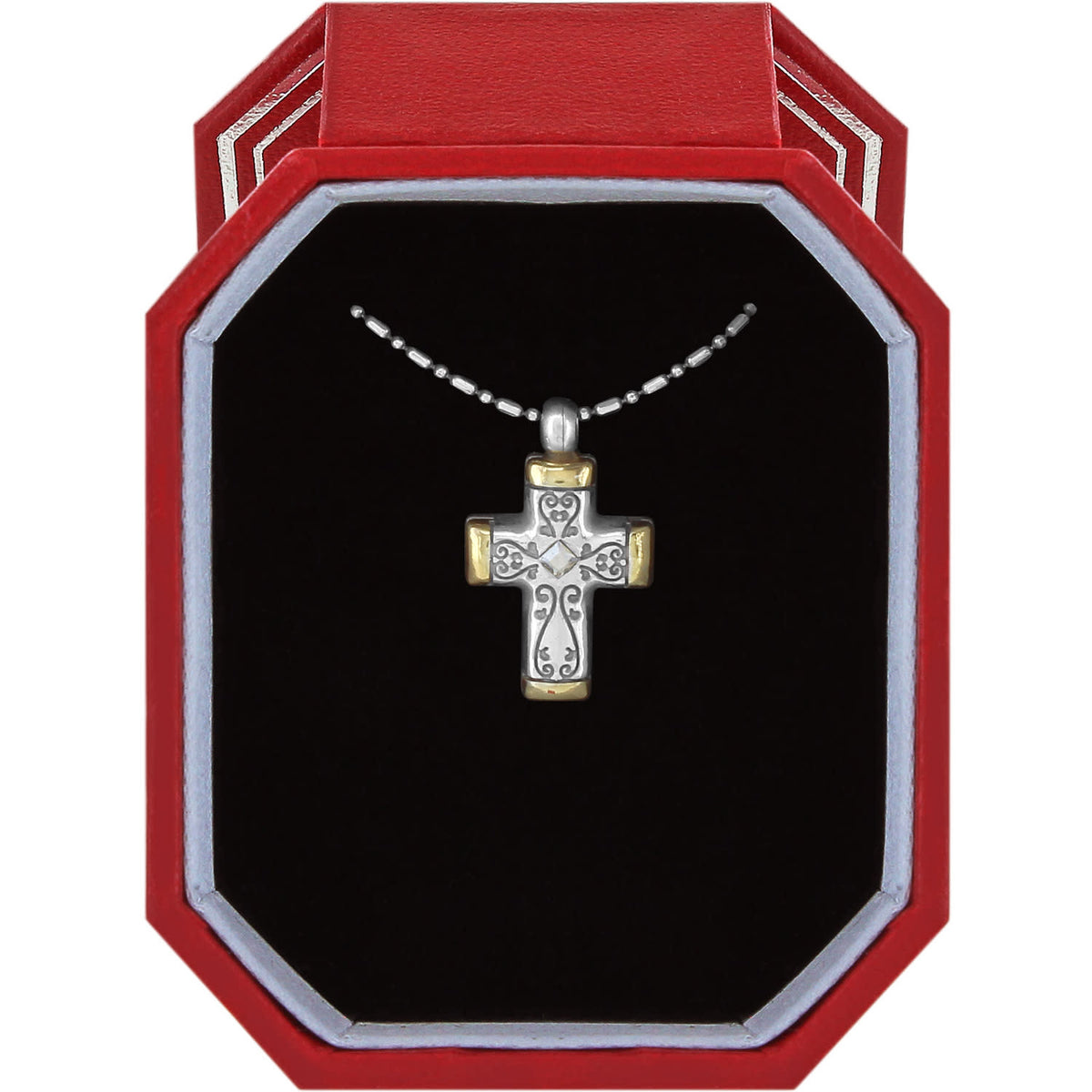Silver-gold two-tone adjustable cross necklace with crystal finish in a gift box