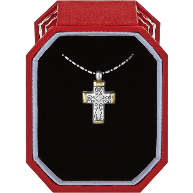 Silver-gold two-tone adjustable cross necklace with crystal finish in a gift box