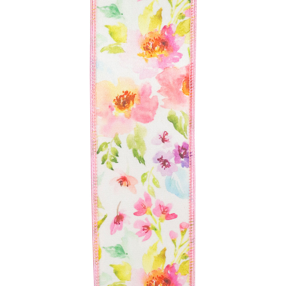 Watercolor Flowers Deluxe Fused Wired Edge Ribbon White/Pink 2-1/2 inch