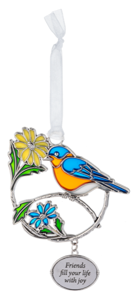 Zinc Blooms & Birds ornament featuring a bird perched on floral branches.