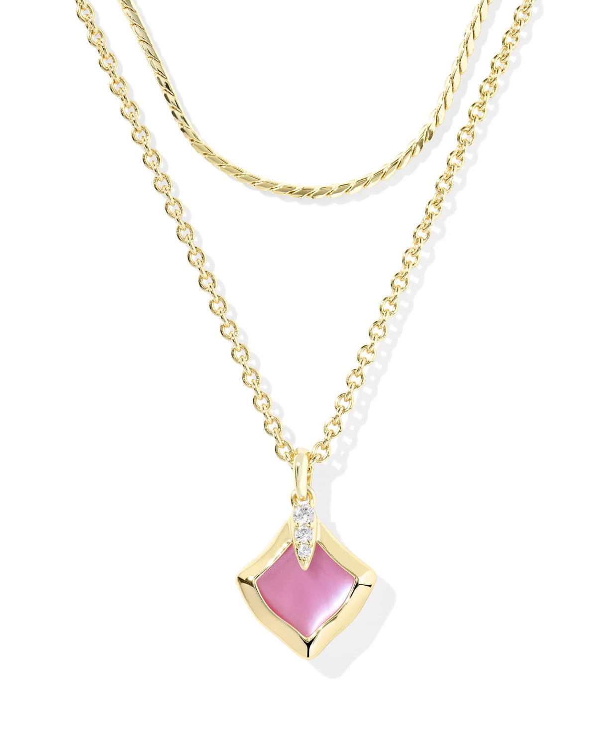 Joelle Multi Strand Necklace featuring a gold chain and a pink diamond-shaped pendant with crystals.