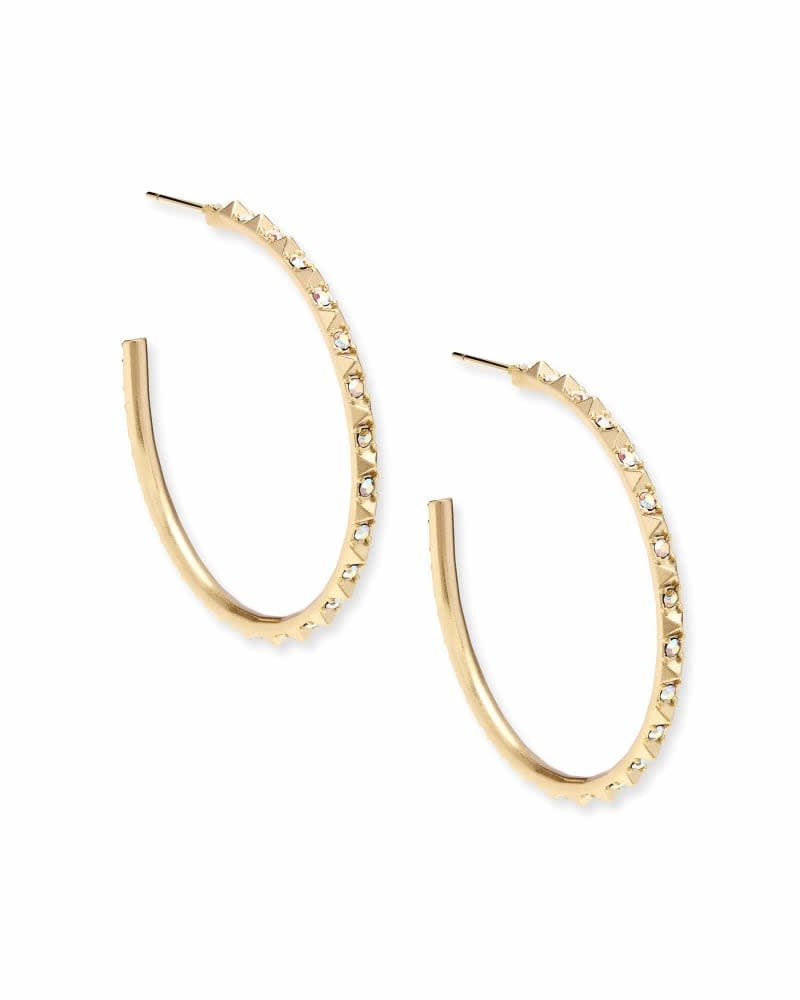 Veronica hoop earrings in yellow gold over brass with iridescent crystal accents.