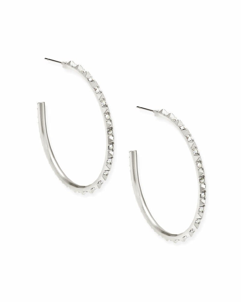 Veronica hoop earrings featuring iridescent crystals set in rhodium over brass with a circular silhouette.