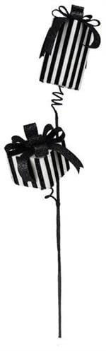 Decorative floral spray featuring two black and white striped gift boxes with black glittery bows.
