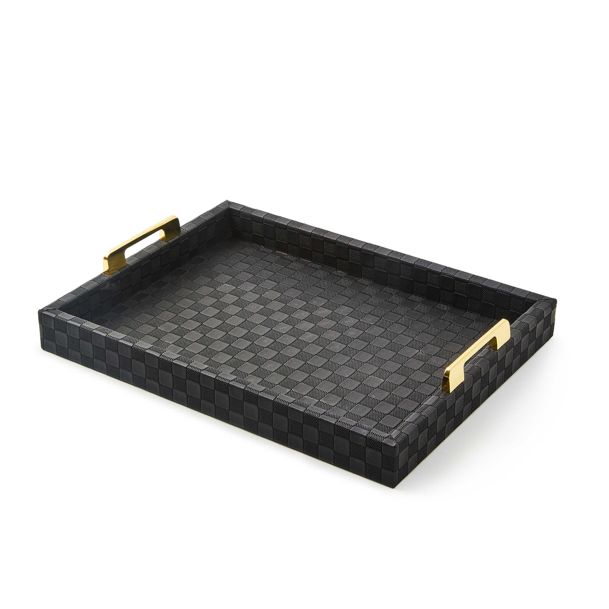 Black faux leather tray with a checkered texture and gold-tone metal handles.