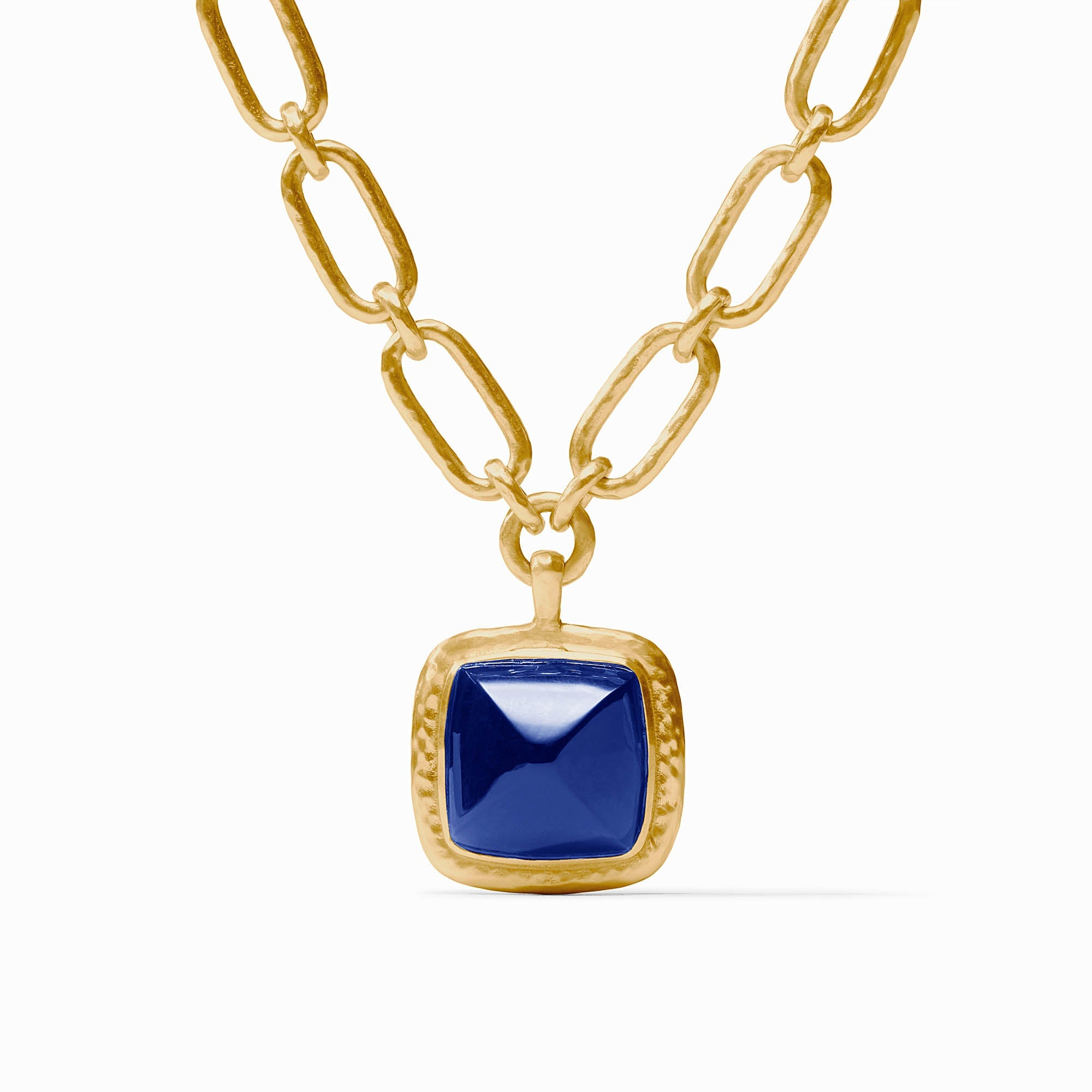 Sahara Statement Necklace featuring a 24K gold plate chain and a square blue glass pendant.