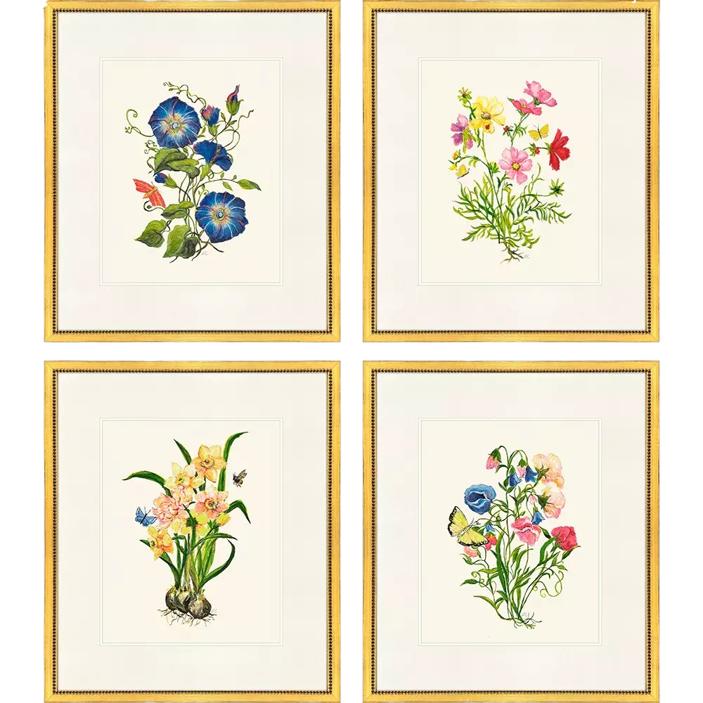 Set of four framed botanical prints featuring colorful flowers, butterflies, and gold frames.