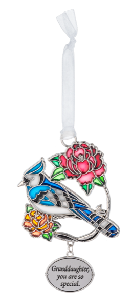 Zinc Blooms & Birds ornament featuring a bird perched among floral branches.