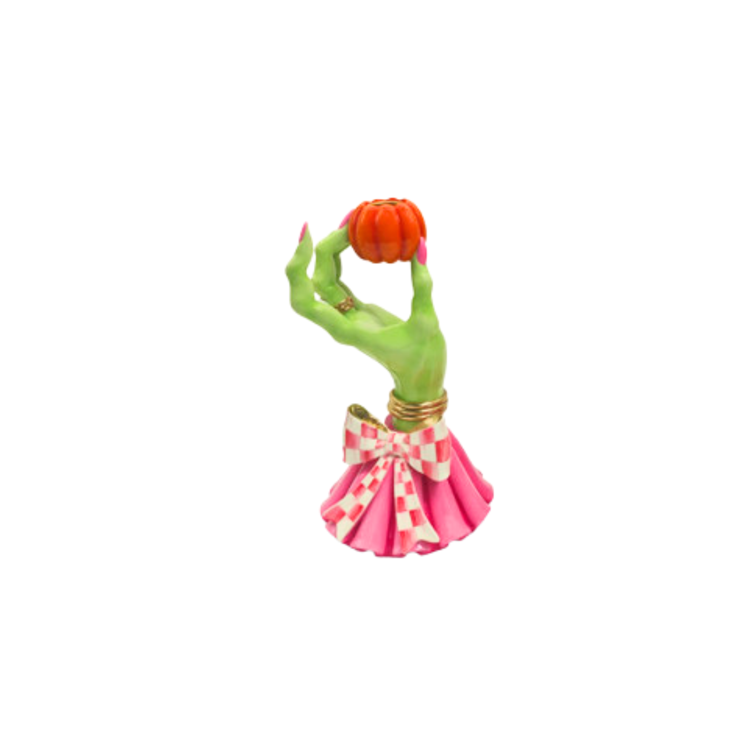Green witch hand candle holder with pink nails, gold rings, and a checkered bow holding a pumpkin.