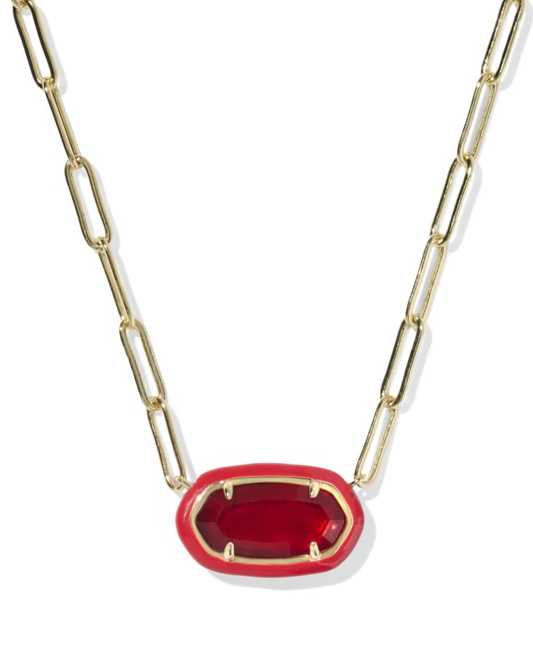 Elisa gold paperclip chain necklace with a red stone pendant and matching red enamel frame.