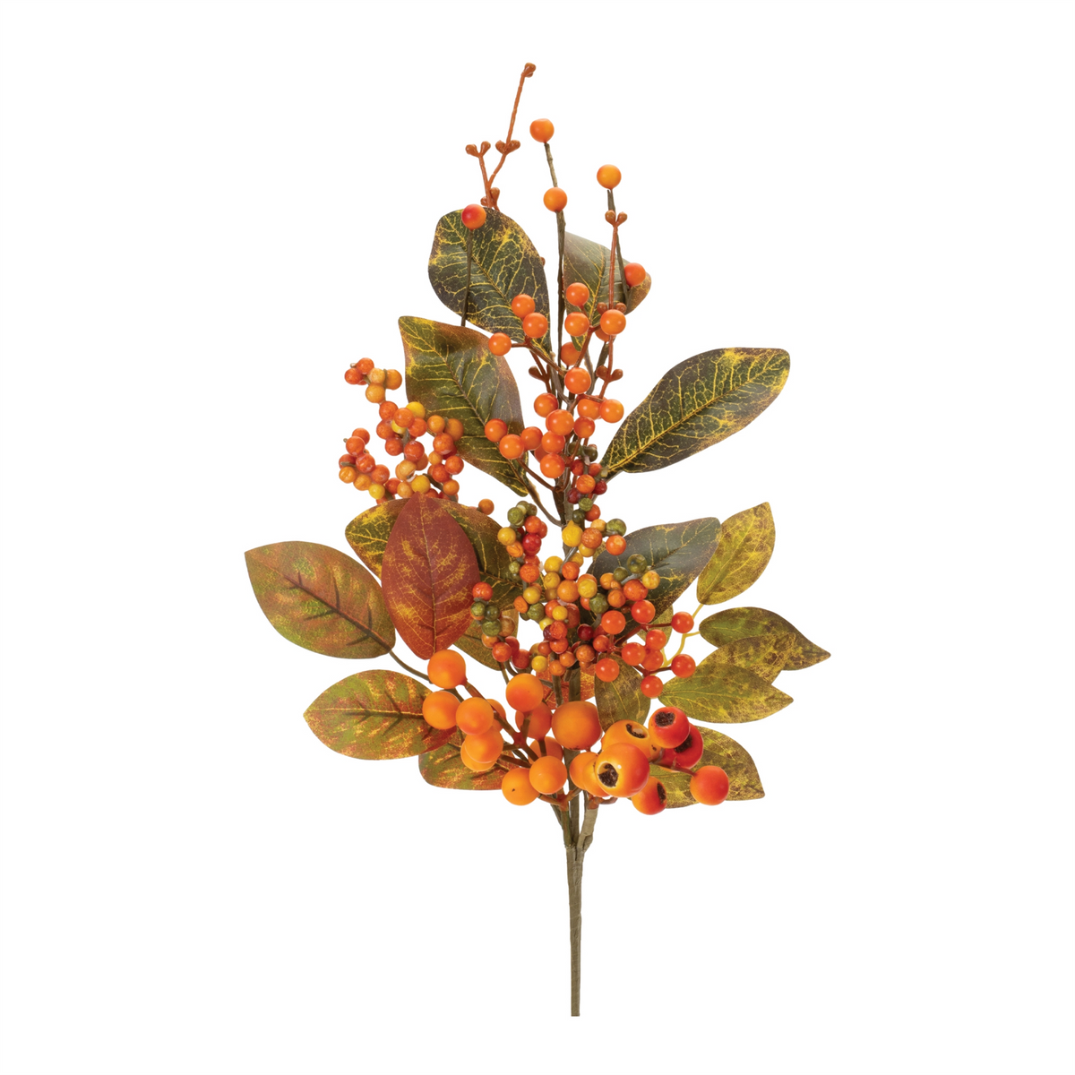 24-inch mixed berry spray with orange and red berries and green and burgundy polyester leaves.