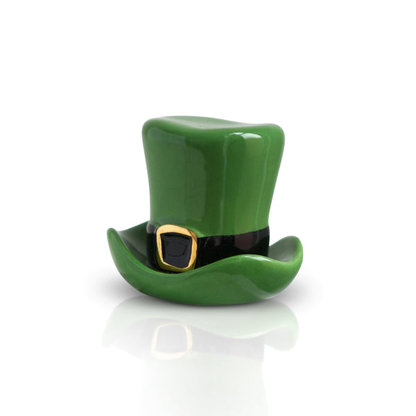 Green ceramic leprechaun hat with a black band and gold buckle, on a white background.