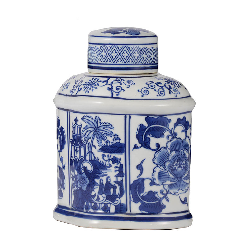 Oval blue and white porcelain jar with lid featuring floral and landscape motifs.