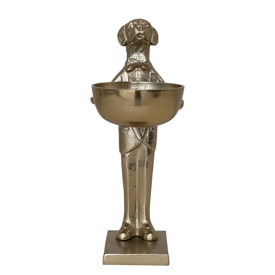 Cast aluminum Labrador holding bowl with a gold finish