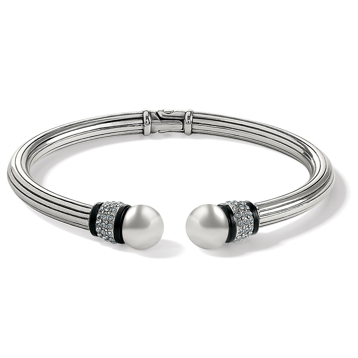 Silver-plated Meridian open hinged bangle with black accents and pearl-like end caps.