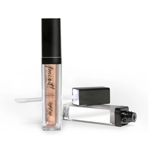 Wine by the Gloss Light up Lip gloss in a clear tube with pink liquid and silver cap.